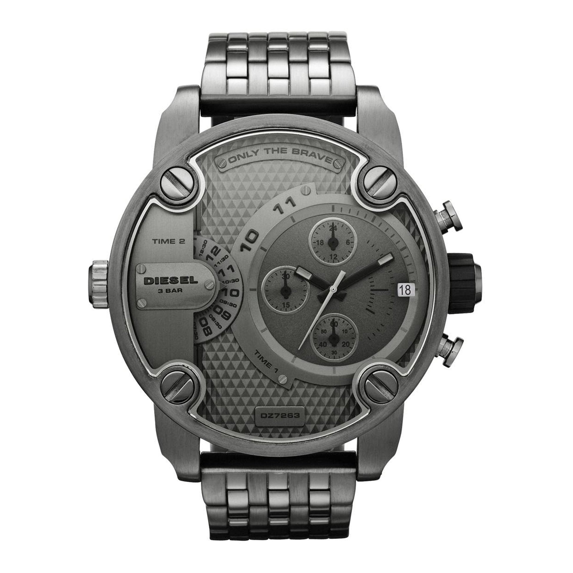  Shop Authentic Diesel Little Daddy Dual Time Chronograph Grey Dial Stainless Steel Strap Watch For Men - DZ7263 - Luxxuri