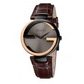  Shop Authentic Gucci Interlocking G 18K Gold Black Dial Brown Leather Strap Watch For Women - YA133304 - Luxxuri