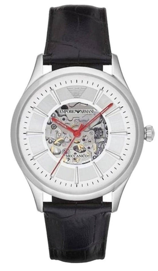  Shop Authentic Emporio Armani Meccanico Silver Skeleton Dial Black Leather Strap Watch For Men - AR2072 - Luxxuri