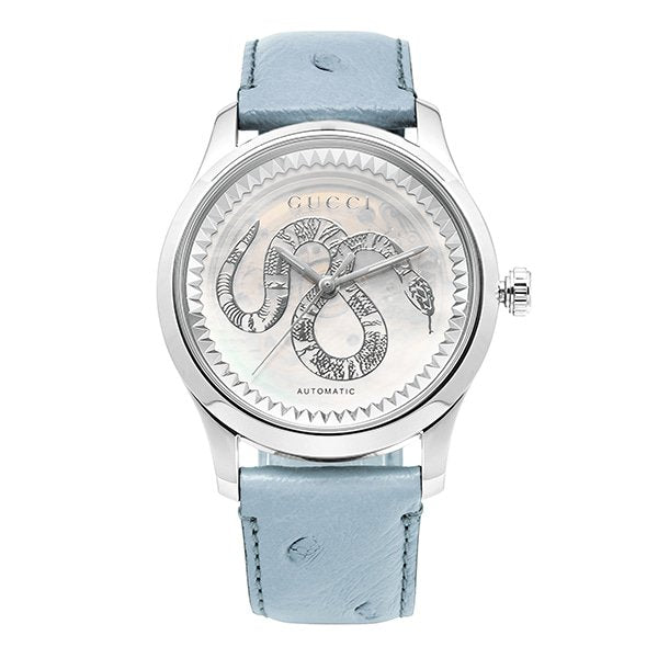  Shop Authentic Gucci G Timeless Automatic Mother of Pearl Dial Blue Leather Strap Watch For Women - YA1264113 - Luxxuri