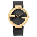  Shop Authentic Gucci Interlocking G Gold Black Dial Black Leather Strap Unisex Watch - YA133326 - Luxxuri