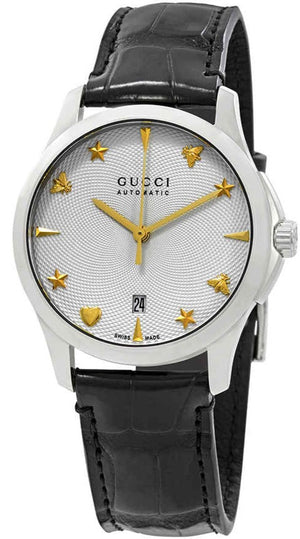  Shop Authentic Gucci G Timeless Automatic Silver Dial Black Leather Strap Unisex Watch - YA126468 - Luxxuri