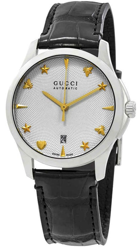  Shop Authentic Gucci G Timeless Automatic Silver Dial Black Leather Strap Unisex Watch - YA126468 - Luxxuri