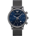  Shop Authentic Emporio Armani Chronograph Blue Dial Gun Metallic Mesh Bracelet Watch For Men - AR1979 - Luxxuri
