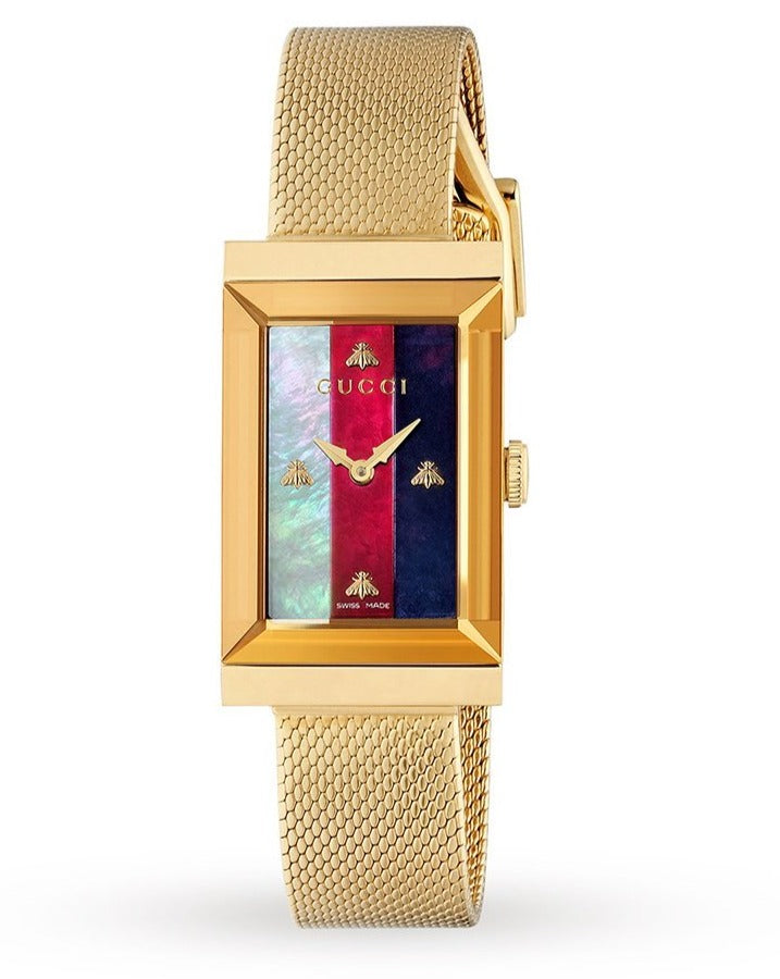  Shop Authentic Gucci G-Frame Mother of Pearl Dial Yellow Gold Mesh Bracelet Watch For Women - YA147410 - Luxxuri