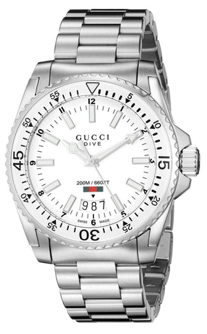  Shop Authentic Gucci Dive Quartz White Dial Silver Steel Strap Watch for Men - YA136302 - Luxxuri
