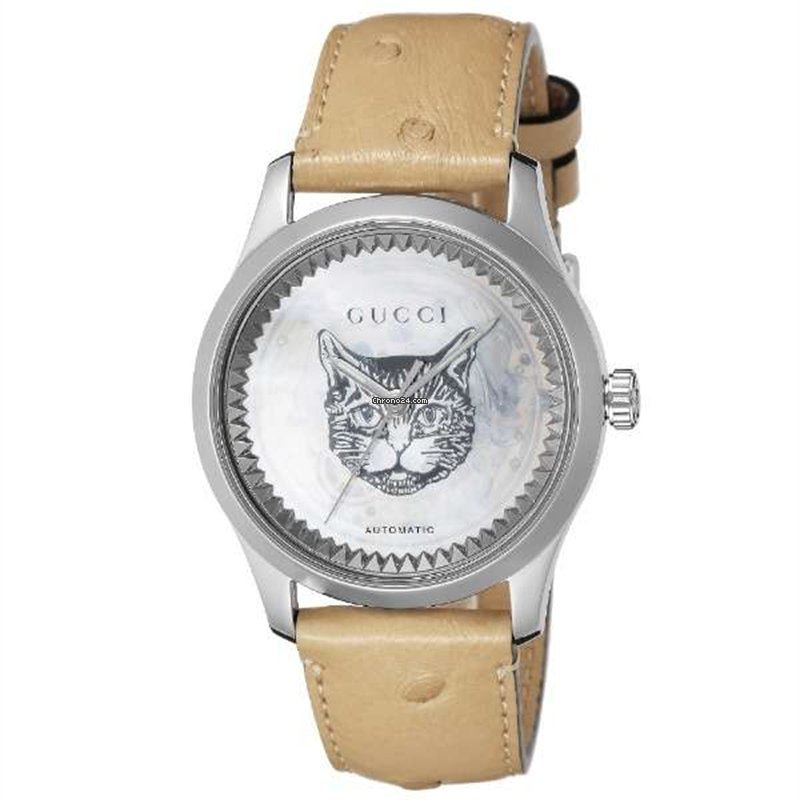  Shop Authentic Gucci G Timeless Automatic Mother of Pearl Dial Brown Leather Strap Watch For Women - YA1264112 - Luxxuri