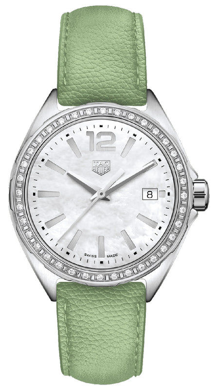  Shop Authentic Tag Heuer Formula 1 Quartz Diamonds Mother of Pearl Dial Green Leather Strap Watch for Women - WBJ131A.FC8249 - Luxxuri