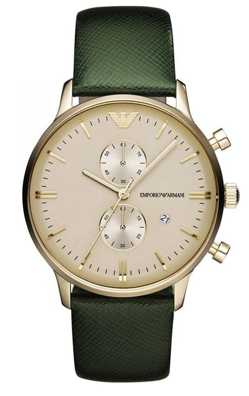  Shop Authentic Emporio Armani Chronograph Champagne Dial Green Leather Strap Watch For Men - AR1722 - Luxxuri