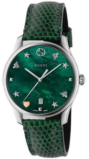  Shop Authentic Gucci G-Timeless Mother of Pearl Green Dial Green Leather Strap Watch For Women - YA1264042 - Luxxuri