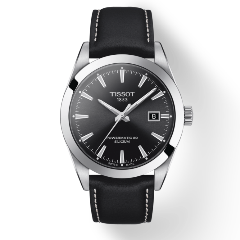 Tissot Gentleman Powermatic 80 Silicium Black Dial Black Leather Strap Watch For Men - T127.407.16.051.00