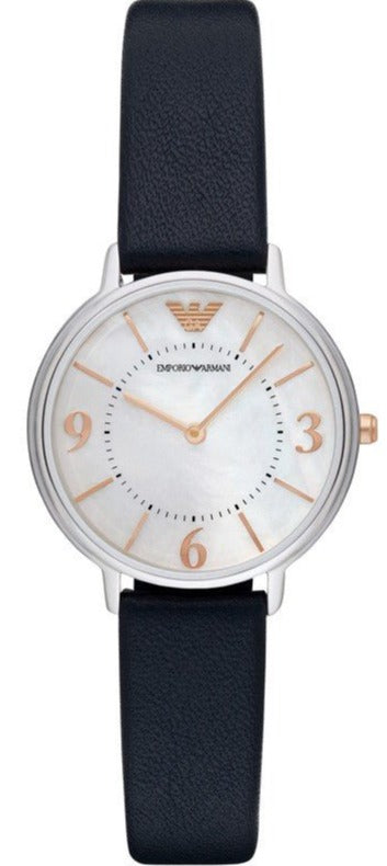  Shop Authentic Emporio Armani Kappa White Mother of Pearl Dial Black Leather Strap Watch For Women - AR2509 - Luxxuri