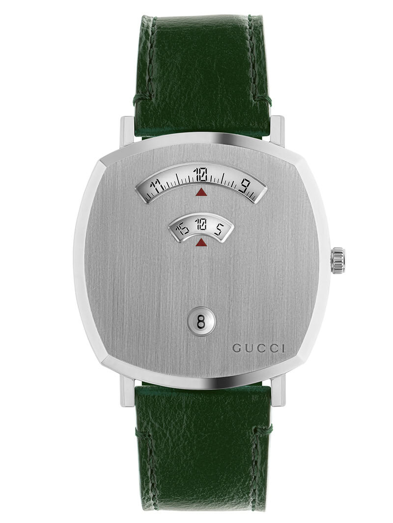  Shop Authentic Gucci Grip Silver Dial Green Leather Strap Unisex Watch - YA157412 - Luxxuri