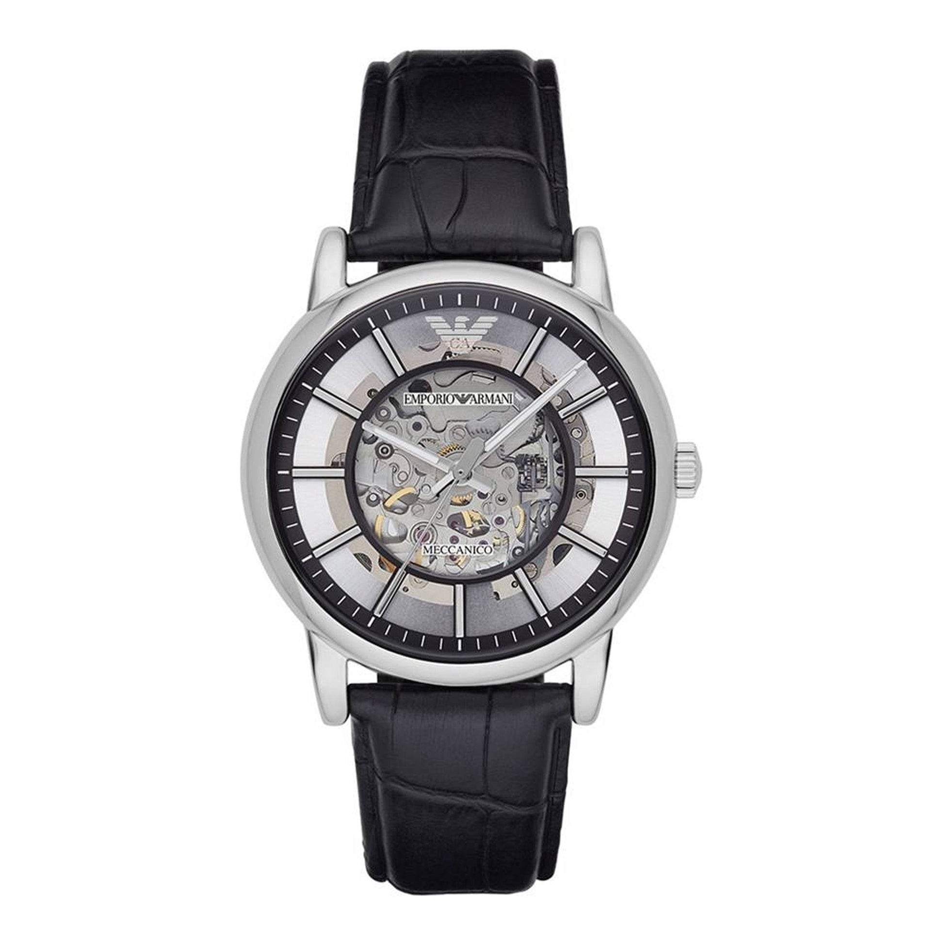  Shop Authentic Emporio Armani Luigi Silver Skeleton Dial Black Leather Strap Watch For Men - AR1981 - Luxxuri