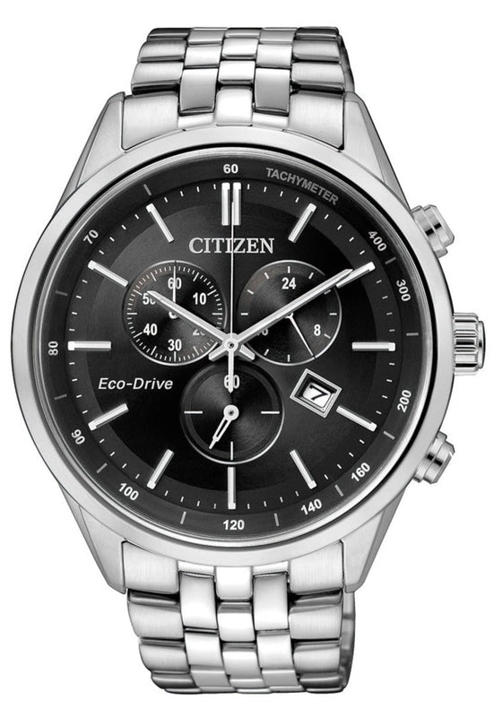  Shop Authentic Citizen Eco Drive Chronograph Black Dial Silver Steel Strap Watch For Men - AT2140-55E - Luxxuri