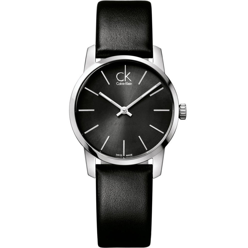  Shop Authentic Calvin Klein City Black Dial Black Leather Strap Watch For Women - K2G23107 - Luxxuri