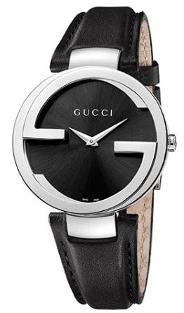  Shop Authentic Gucci G Interlocking Black Dial Black Leather Strap Watch For Women - YA133301 - Luxxuri