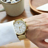  Shop Authentic Emporio Armani Aviator Chronograph Quartz Beige Dial Gold Mesh Bracelet Watch For Men - AR11315 - Luxxuri