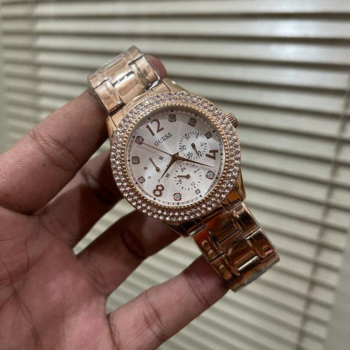  Shop Authentic Guess Bedazzle Diamonds Silver Dial Rose Gold Steel Strap Watch For Women - W1097L3 - Luxxuri