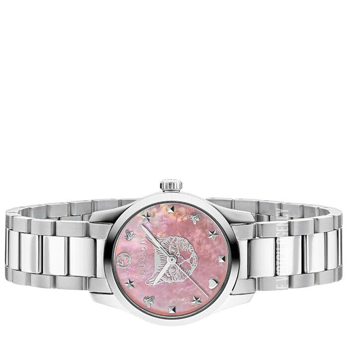  Shop Authentic Gucci G Timeless Quartz Mother of Pearl Pink Dial Silver Steel Strap Watch For Women - YA1265013 - Luxxuri