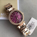  Shop Authentic Michael Kors Mini Parker Multi-Function Plum Mother of Pearl Dial Rose Gold Steel Strap Watch For Women - MK6403 - Luxxuri
