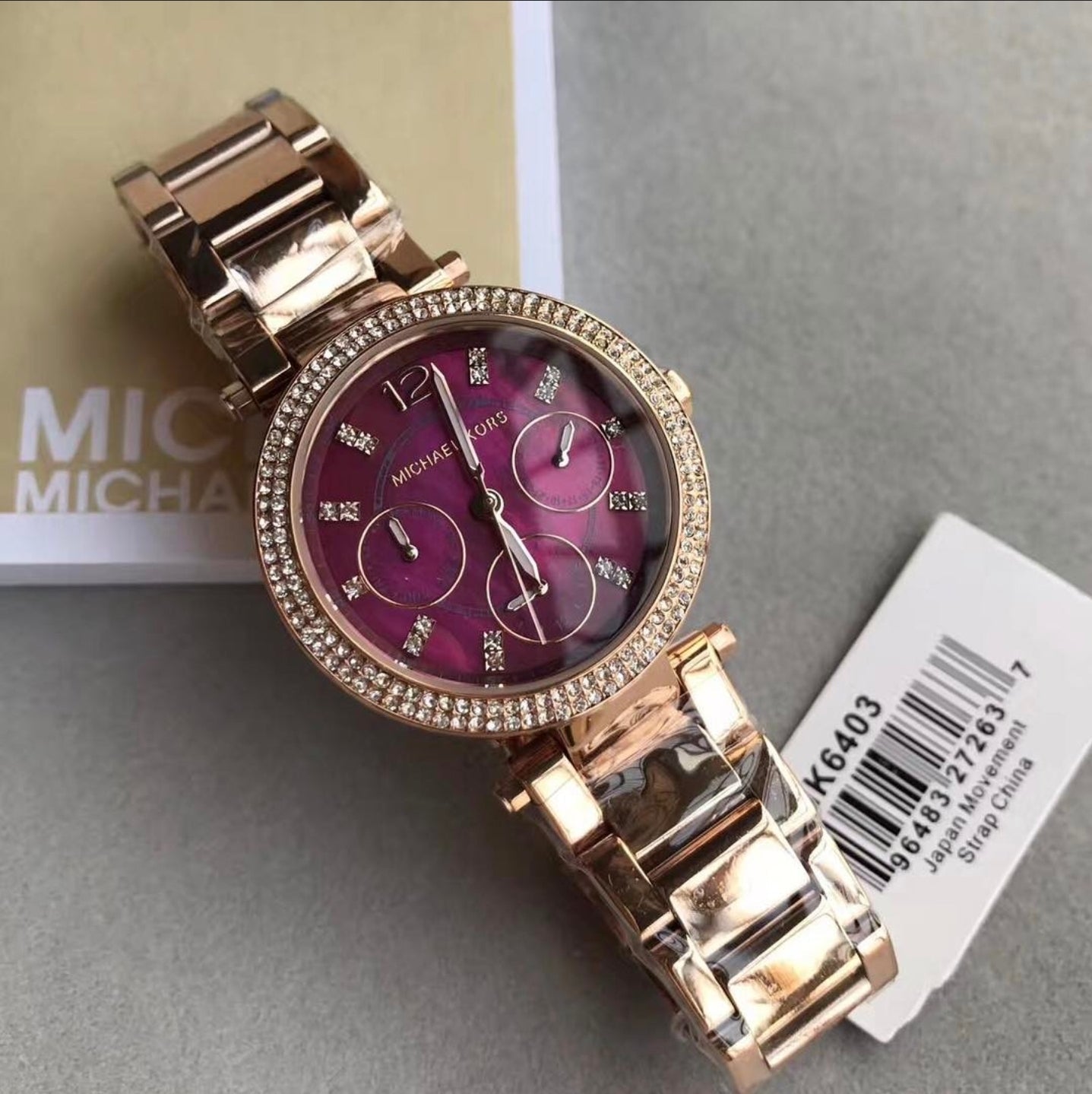  Shop Authentic Michael Kors Mini Parker Multi-Function Plum Mother of Pearl Dial Rose Gold Steel Strap Watch For Women - MK6403 - Luxxuri