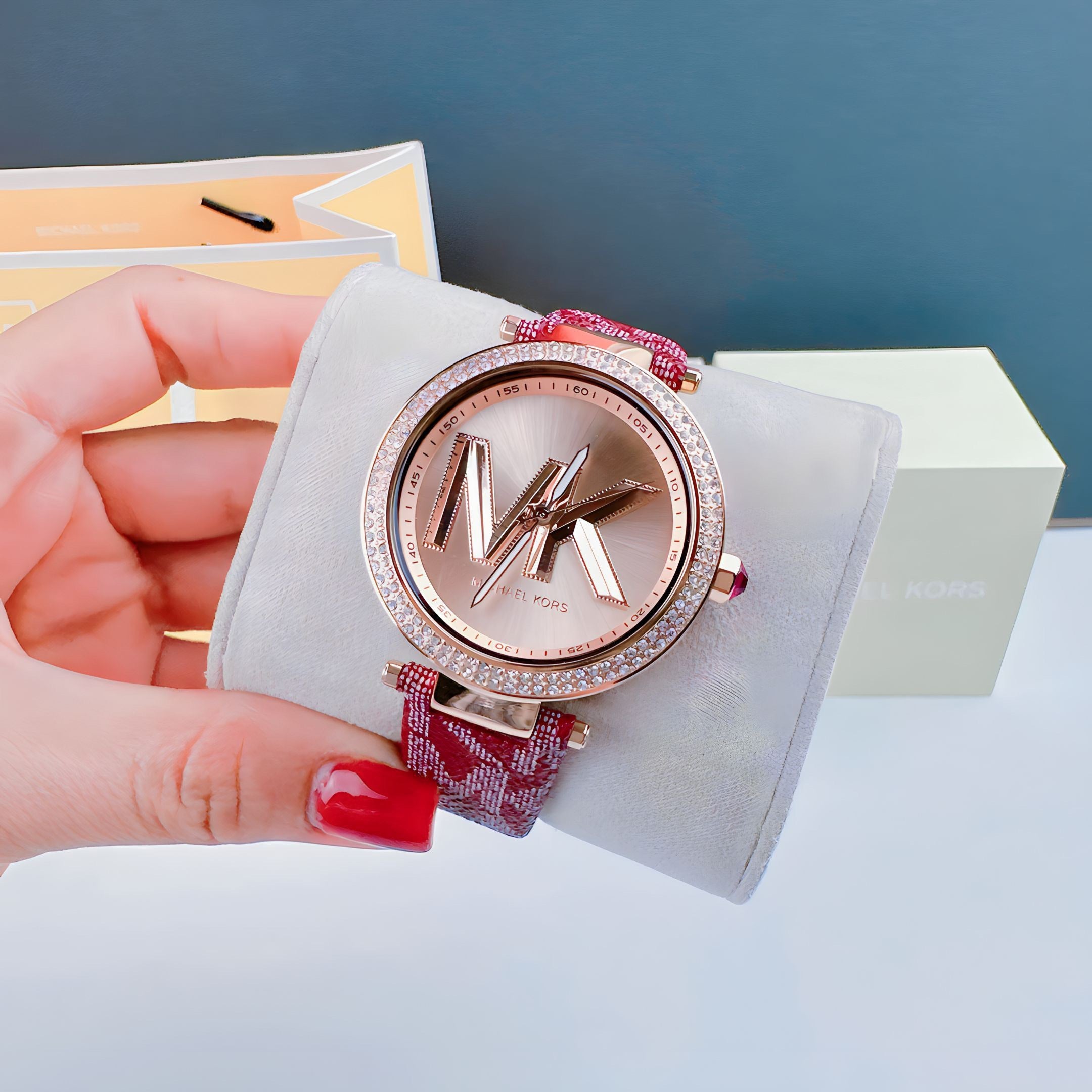 Michael Kors Parker Rose Gold Dial Maroon Leather Strap Watch For Women - MK2974