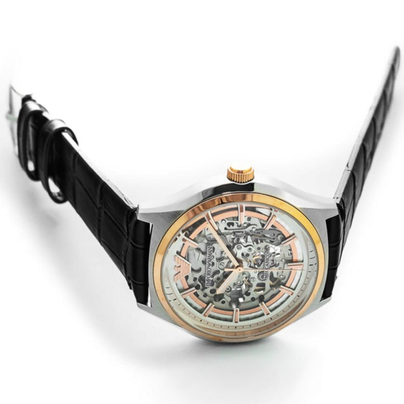  Shop Authentic Emporio Armani Zeta Skeleton Automatic Silver Dial Black Leather Strap Watch For Men - AR60018 - Luxxuri