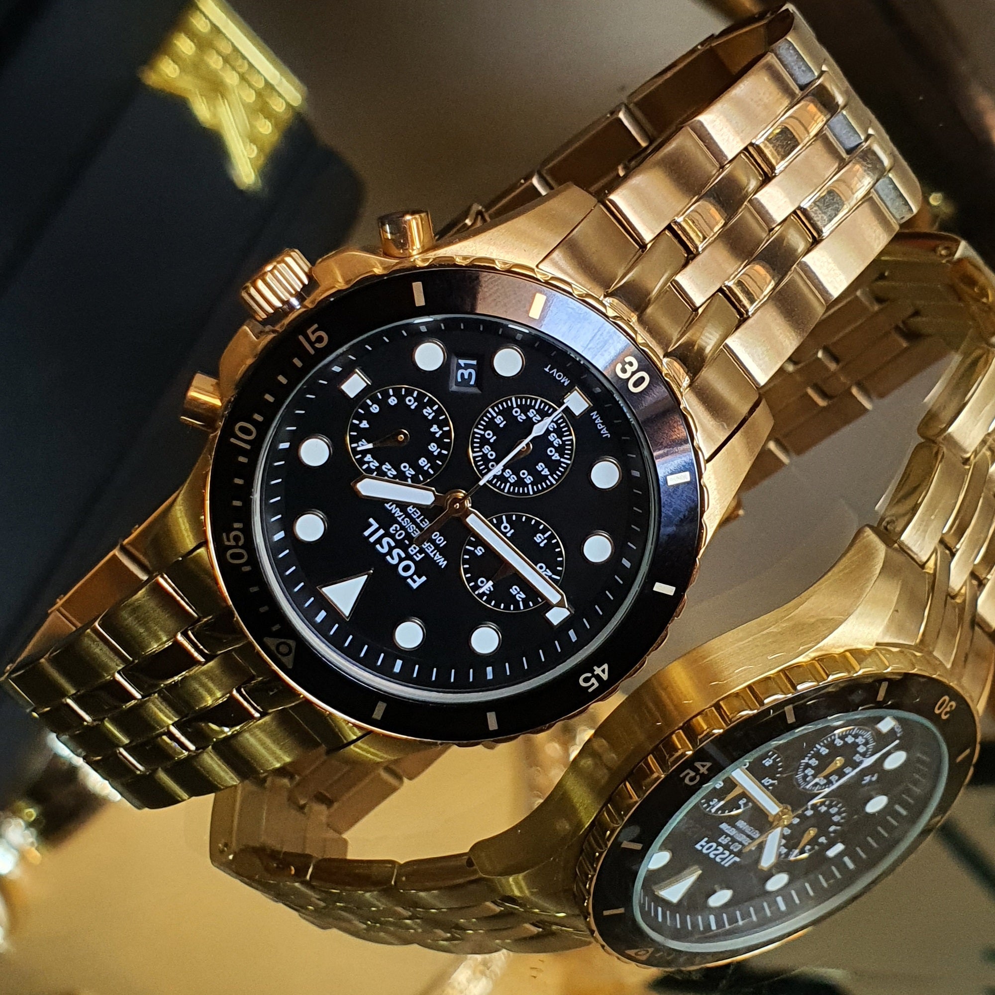 Fossil FB-01 Chronograph Black Dial Gold Steel Strap Watch for Men - FS5836