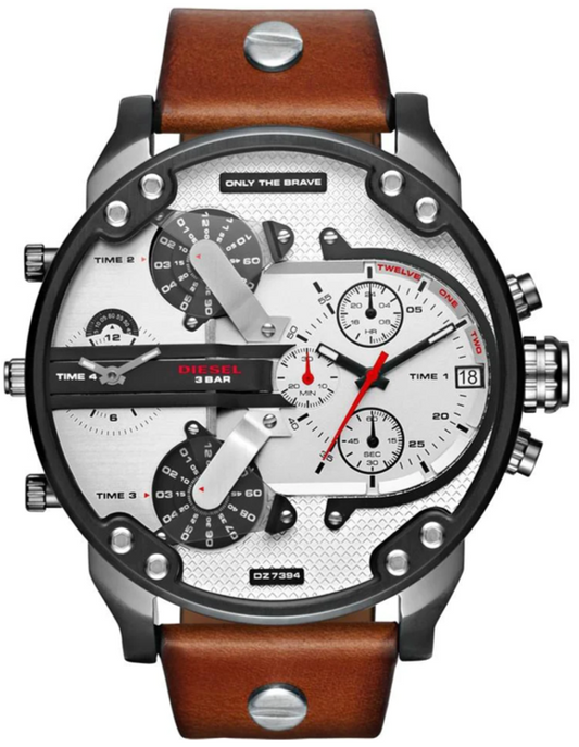 Diesel Mr. Daddy 2.0 Chronograph Silver Dial Brown Leather Strap Watch For Men - DZ7394