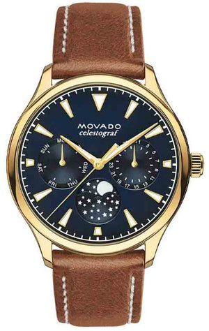  Shop Authentic Movado Heritage Celestograf Navy Blue Dial Brown Leather Strap Watch For Women - 3650010 - Luxxuri