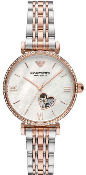  Shop Authentic Emporio Armani Meccanico Automatic Mother of Pearl Dial Two Tone Steel Strap Watch For Women - AR60049 - Luxxuri