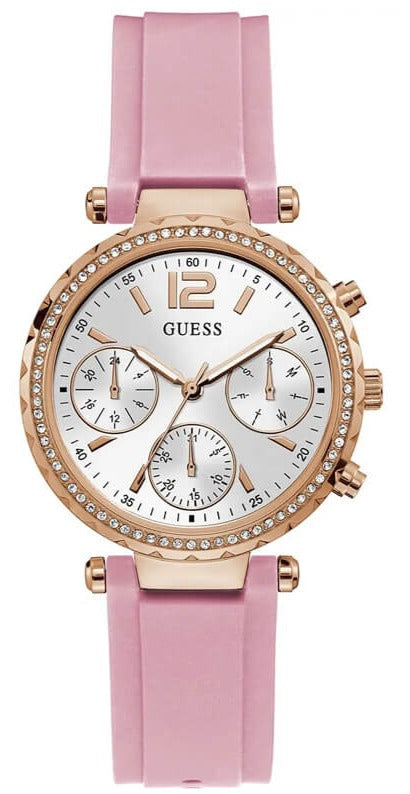  Shop Authentic Guess Solstice Diamonds White Dial Pink Rubber Strap Watch For Women - GW0113L4 - Luxxuri