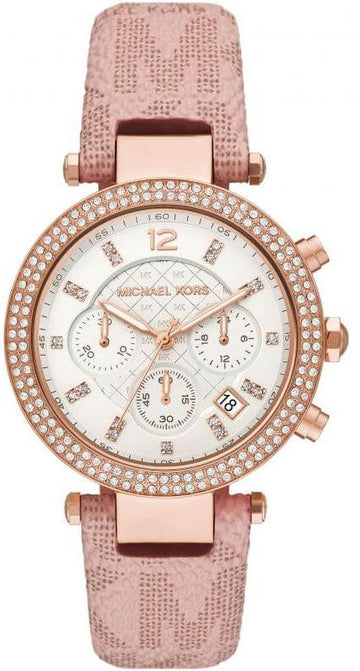  Shop Authentic Michael Kors Parker Chronograph White Dial Pink Leather Strap Watch For Women - MK6935 - Luxxuri
