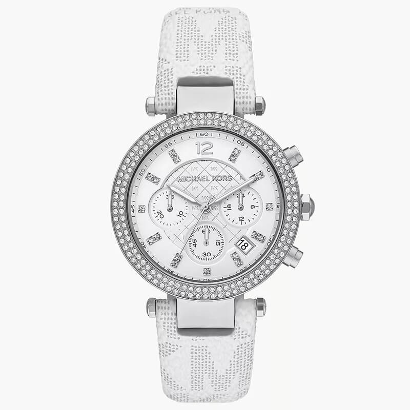  Shop Authentic Michael Kors Parker Chronograph White Dial White Leather Strap Watch For Women - MK7226 - Luxxuri