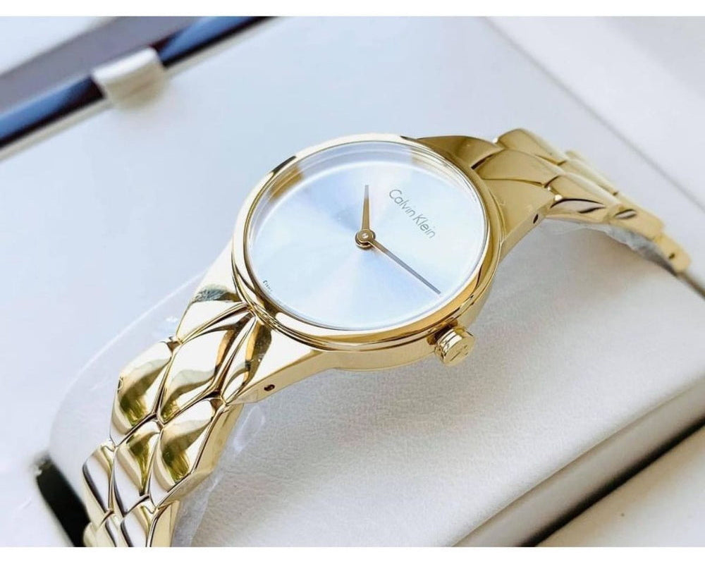  Shop Authentic Calvin Klein Snake Silver Dial Yellow Gold Steel Strap Watch For Women - K6E23546 - Luxxuri