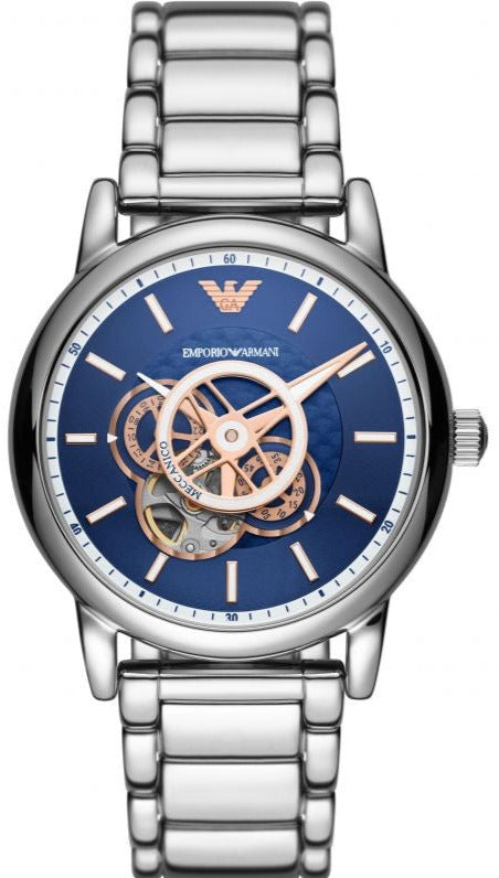  Shop Authentic Emporio Armani Luigi Chronograph Skeleton Blue Dial Silver Steel Strap Watch For Men - AR60036 - Luxxuri