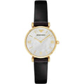  Shop Authentic Emporio Armani Gianni T-Bar Quartz Mother of Pearl Dial Black Leather Strap Watch For Women - AR1910 - Luxxuri