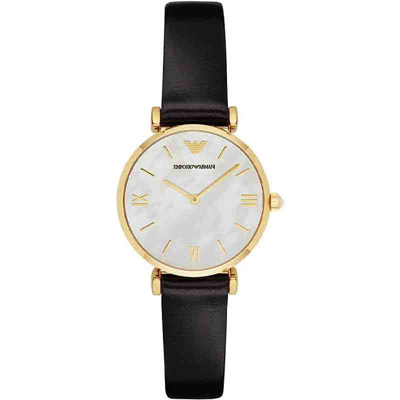  Shop Authentic Emporio Armani Gianni T-Bar Quartz Mother of Pearl Dial Black Leather Strap Watch For Women - AR1910 - Luxxuri