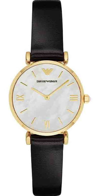  Shop Authentic Emporio Armani Gianni T-Bar Quartz Mother of Pearl Dial Black Leather Strap Watch For Women - AR1910 - Luxxuri