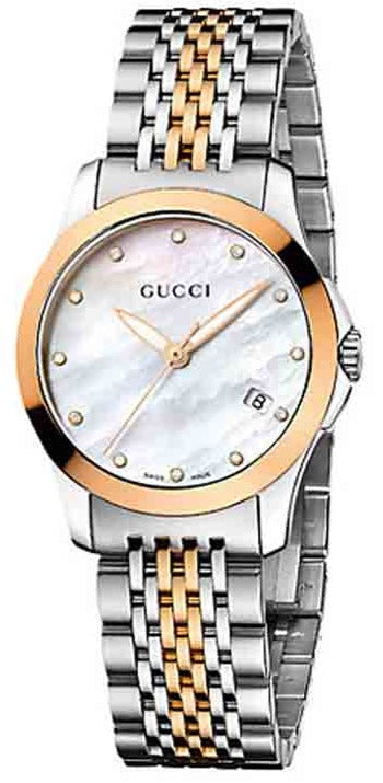  Shop Authentic Gucci G Timeless Diamonds Mother of Pearl Dial Two Tone Mesh Bracelet Watch For Women - YA126514 - Luxxuri