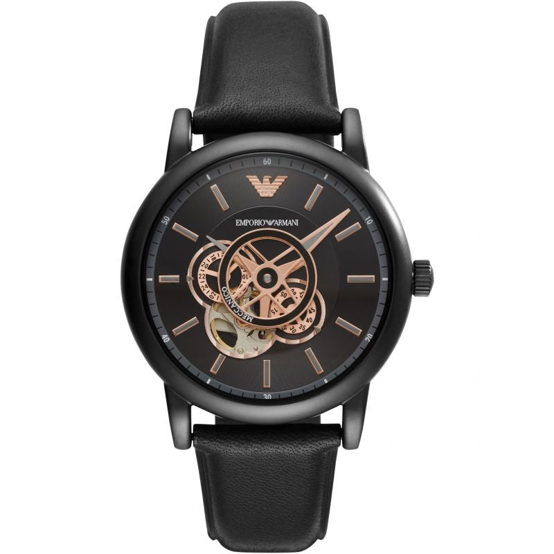  Shop Authentic Emporio Armani Luigi Automatic Skeleton Black Dial Black Leather Strap Watch For Men - AR60012 - Luxxuri