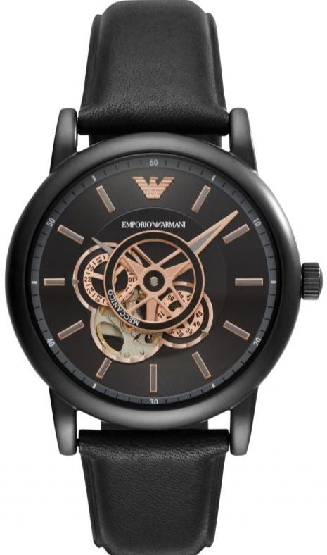  Shop Authentic Emporio Armani Luigi Automatic Skeleton Black Dial Black Leather Strap Watch For Men - AR60012 - Luxxuri