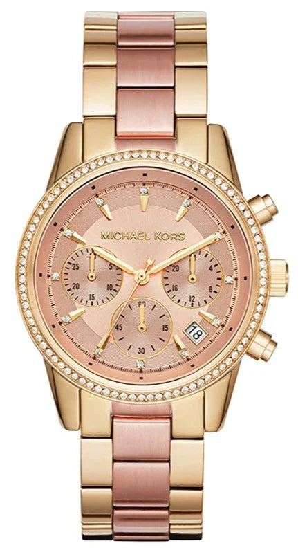  Shop Authentic Michael Kors Ritz Chronograph Rose Dial Two Tone Steel Strap Watch for Women - MK6475 - Luxxuri