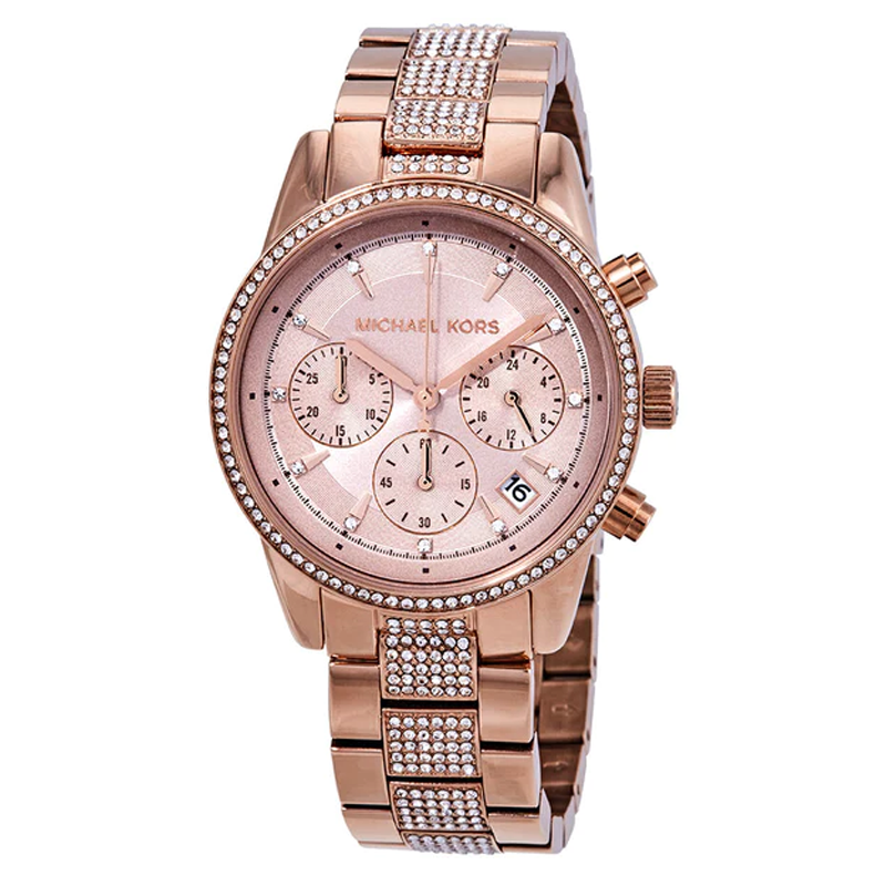  Shop Authentic Michael Kors Ritz Chronograph Rose Gold Dial Rose Gold Steel Strap Watch For Women - MK6485 - Luxxuri