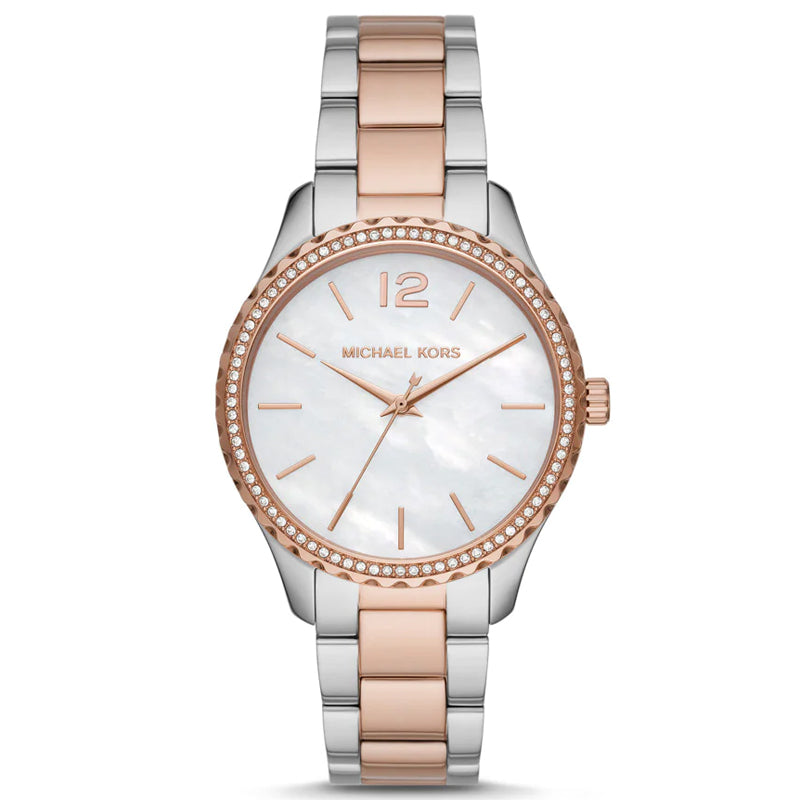  Shop Authentic Michael Kors Layton Three Hand Mother of Pearl White Dial Two Tone Steel Strap Watch For Women - MK6849 - Luxxuri