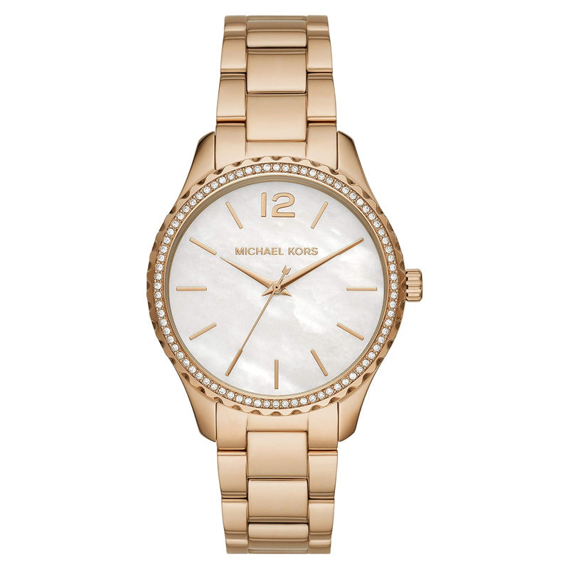  Shop Authentic Michael Kors Layton Three Hand Mother of Pearl White Dial Gold Steel Strap Watch For Women - MK6870 - Luxxuri