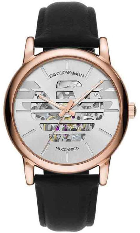  Shop Authentic Emporio Armani Meccanico Skeleton Silver Dial Black Leather Strap Watch For Men - AR60031 - Luxxuri