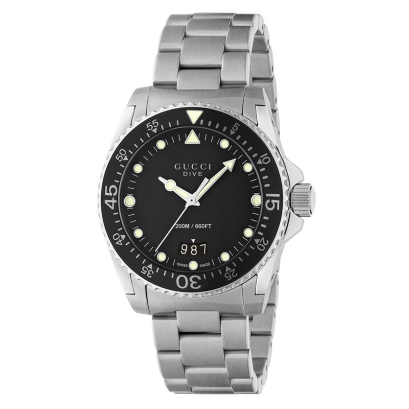  Shop Authentic Gucci Dive Quartz Black Dial Silver Steel Strap Watch For Men - YA136301B - Luxxuri