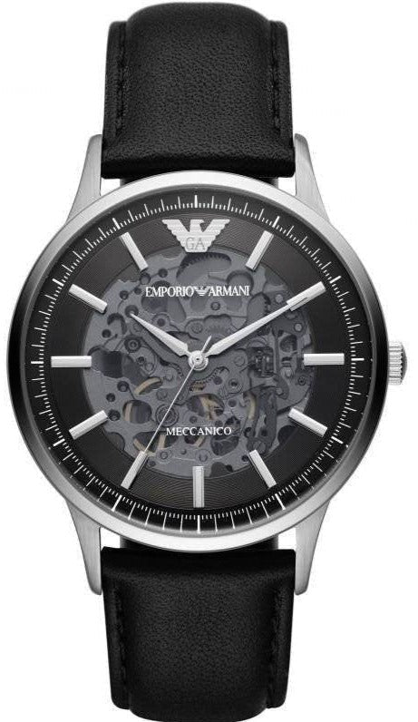  Shop Authentic Emporio Armani Meccanico Skeleton Automatic Black Dial Black Leather Strap Watch for Men - AR60038 - Luxxuri